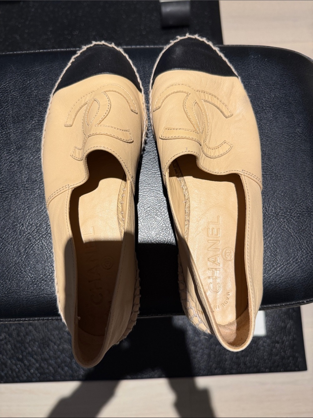 CHANEL Beige Leather Espadrilles with Black Cap Toe